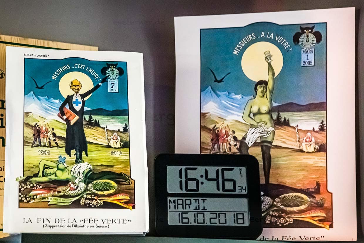 Das Ende der grünen Fee. Ab 1910 in der Schweiz und 1915 in Frankreich war Absinth verboten. Doch im Untergrund blühte die Schwarzbrennerei. Auch davon erzählt eine Reise entlang der Route des Absinths von Pontalier, Franche-Comté nach Noirgaigue in der Schweiz / © Foto: Georg Berg