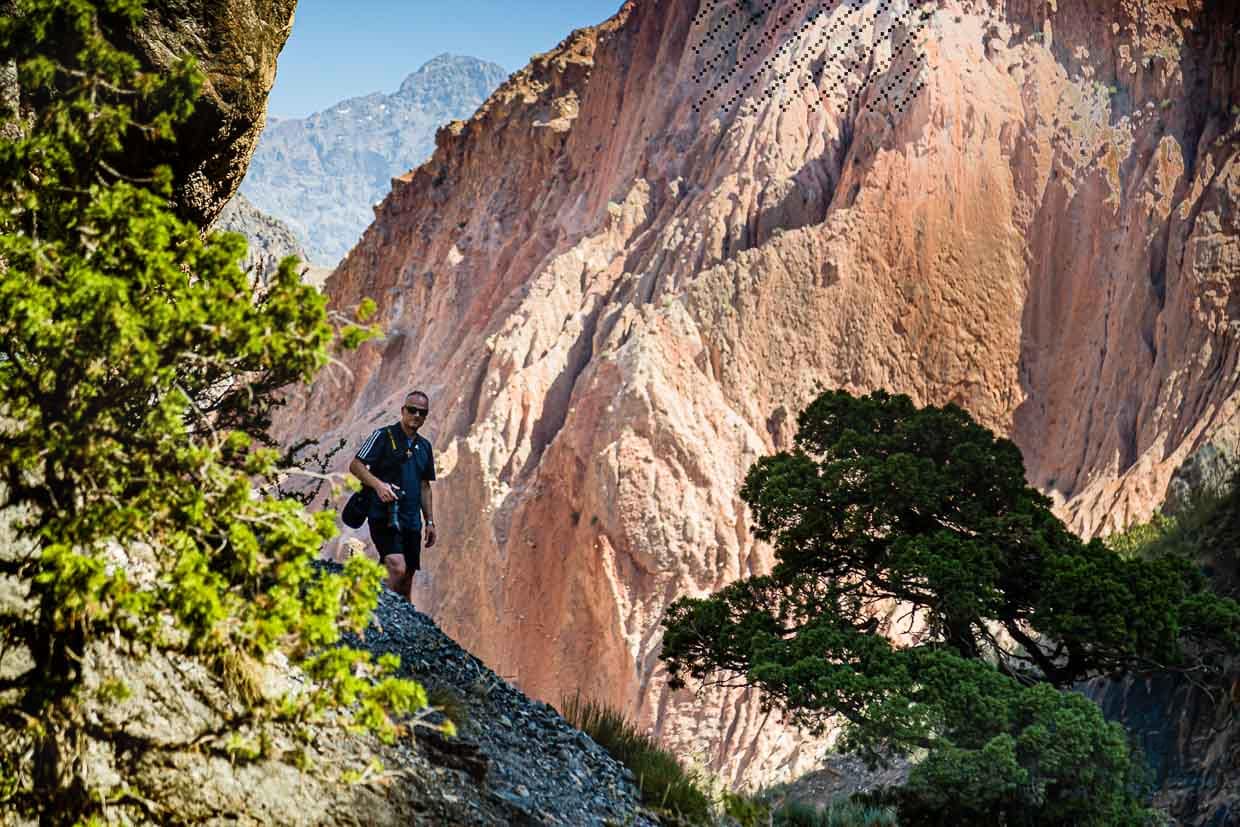 Immer auf der Suche nach besonderen Fotomotiven. Michael aus der Schweiz können die neben dem Pamir Highway gelegenen Wege nicht steil genug sein / © Foto: Georg Berg