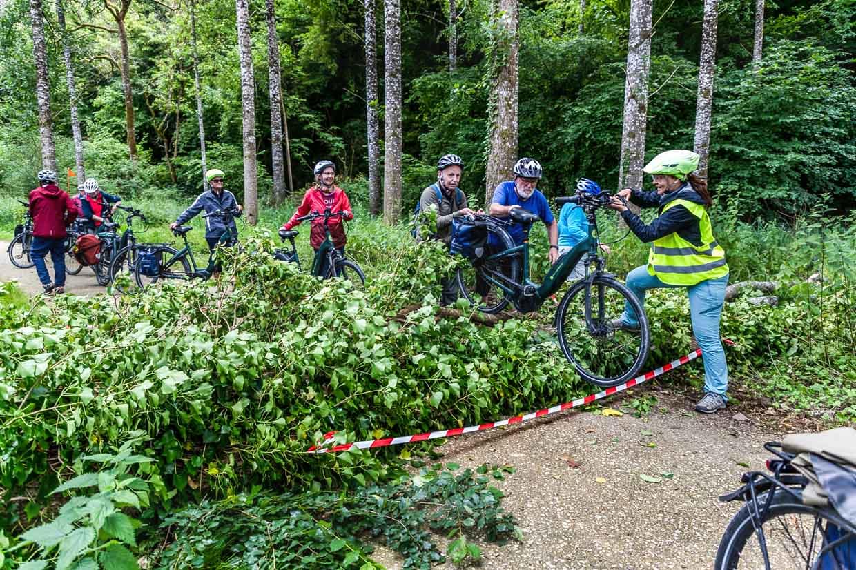 Groupe de cyclotouristes de La campagne en route vers la Charente. Malgré la meilleure planification, il y a des imprévus comme un arbre tombé sur la piste cyclable, qui est surmonté ensemble / © Photo : Georg Berg