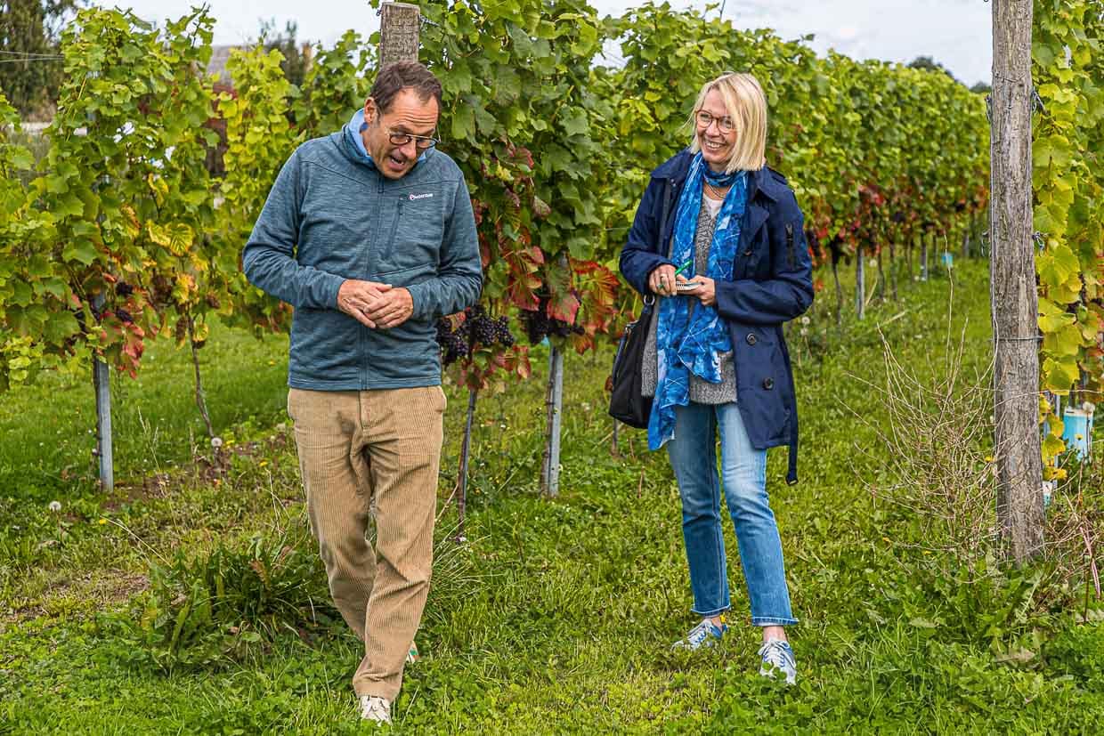 Angela Berg mit Winzer, Butler und Sommelier Jakob Stokkebye in der Neupflanzung von Pinot Noir Reben / © Foto: Georg Berg