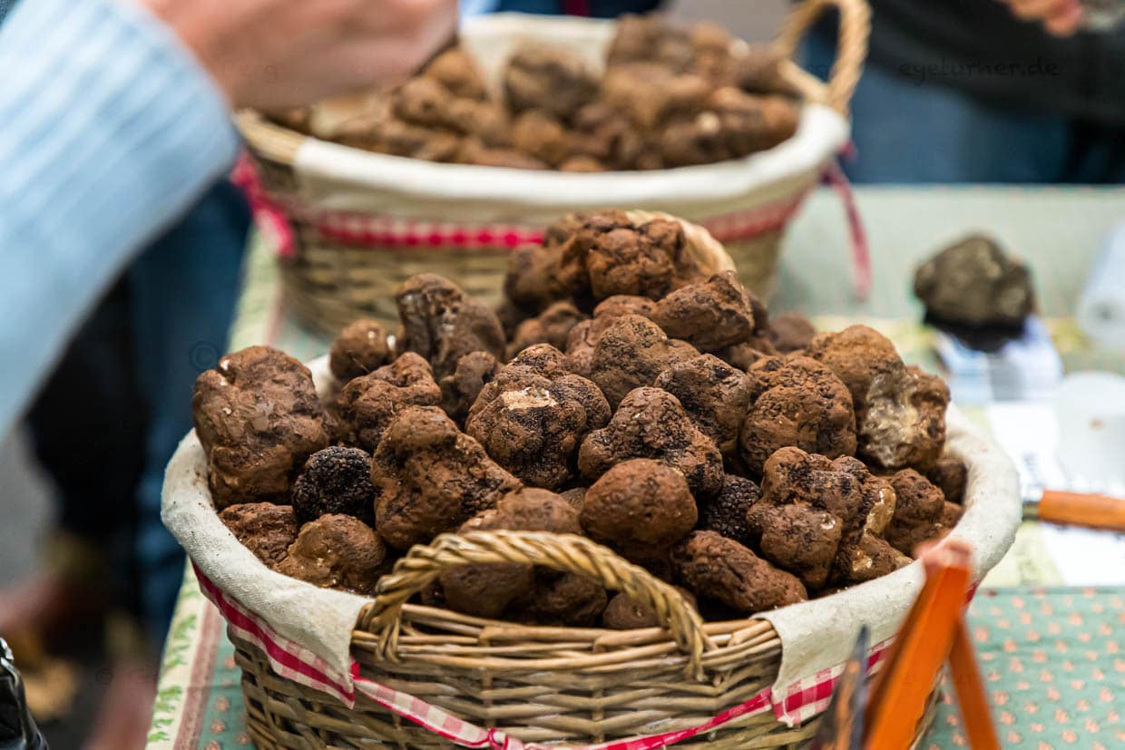 Die meisten Stände auf dem Trüffelmarkt in Aups präsentieren die Trüffel in einfachen Körben / © Foto: Georg Berg