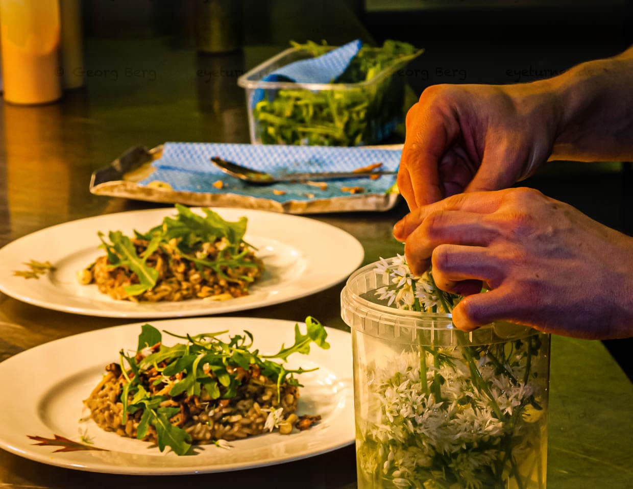 Frisch aus dem Garten: das üppige Blütenmeer des Bärlauch wird als frische Würzkomponente auf dem Pilzrisotto serviert / © Foto: Georg Berg