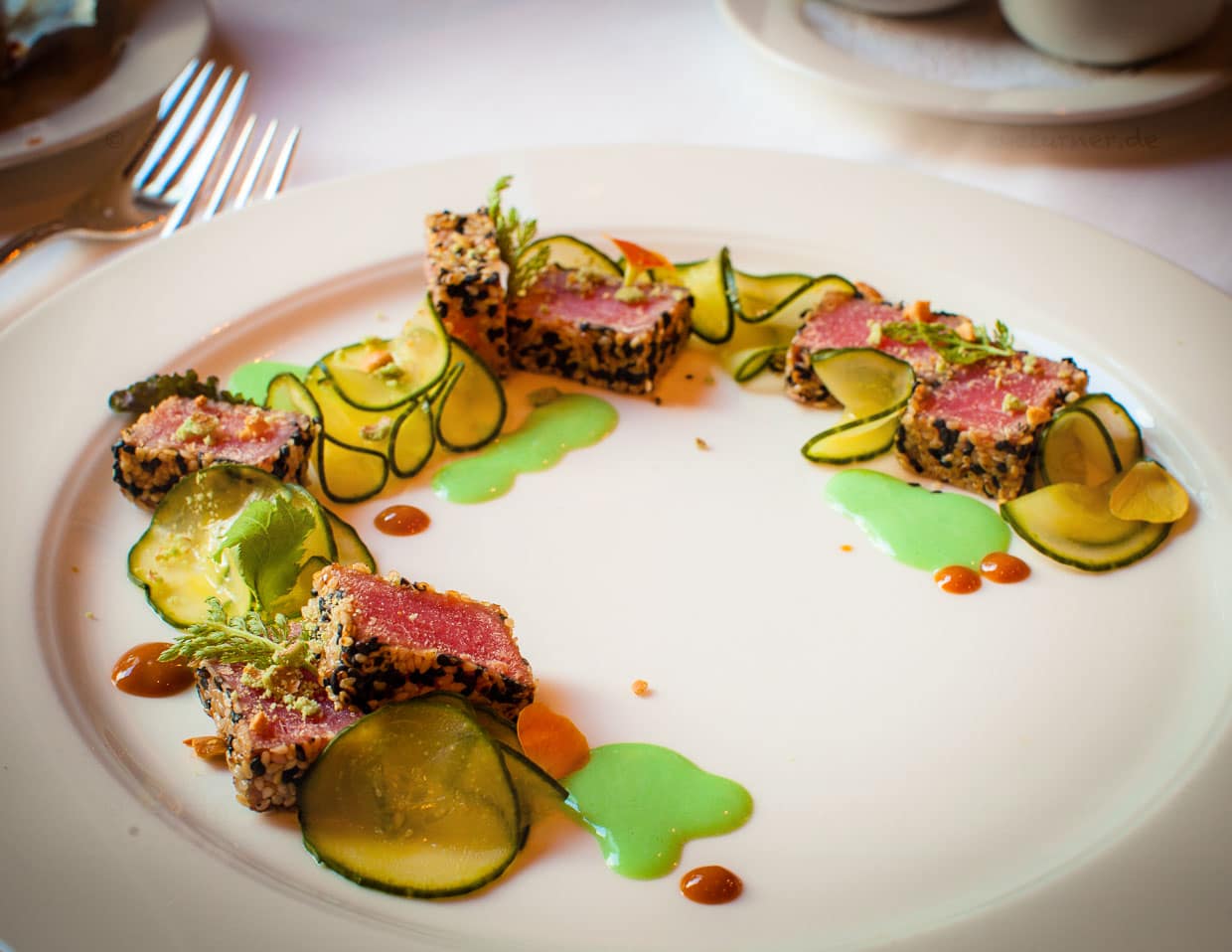 Tuna Tataki im Sesammantel mit Wasabi-Limetten-Creme fraiche und süß-saurem Gurkensalat / © Foto: Georg Berg