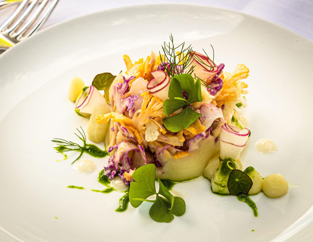 „Bunte Blüeämechol“, der bunte Blumenkohl wird begleitet von Navette, einer Rettichart sowie Versus-Vinaigrette und Frisée / © Foto: Georg Berg
