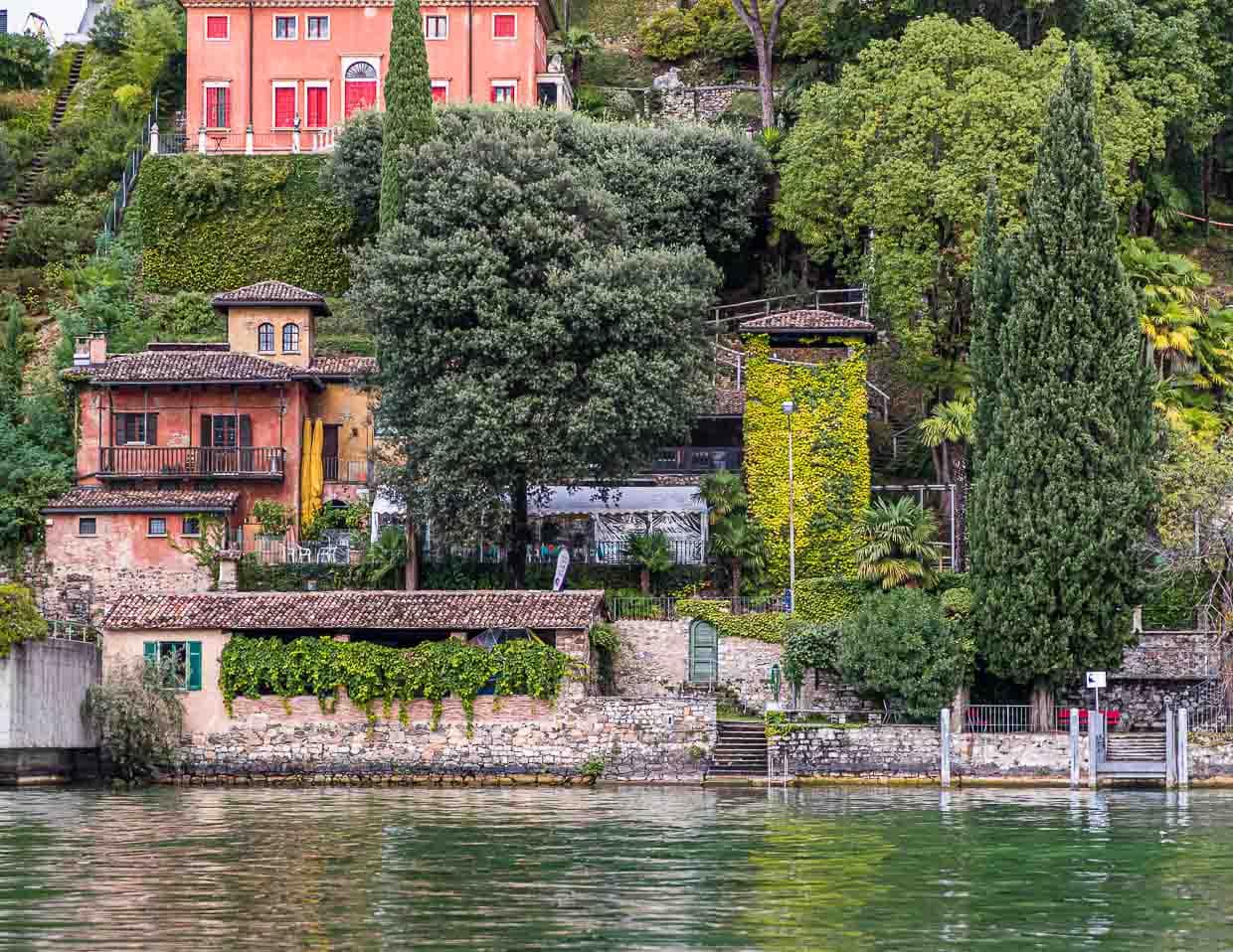 In Morcote liegt auch der Parco Scherer. Ein Skulpturenpark und botanischer Garten. Hier fast in Ufernähe steht ein zugewachsener Vogelturm. Heute eine Skulptur der besonderen Art, die an den Fang der Singvögel im Tessin erinnert