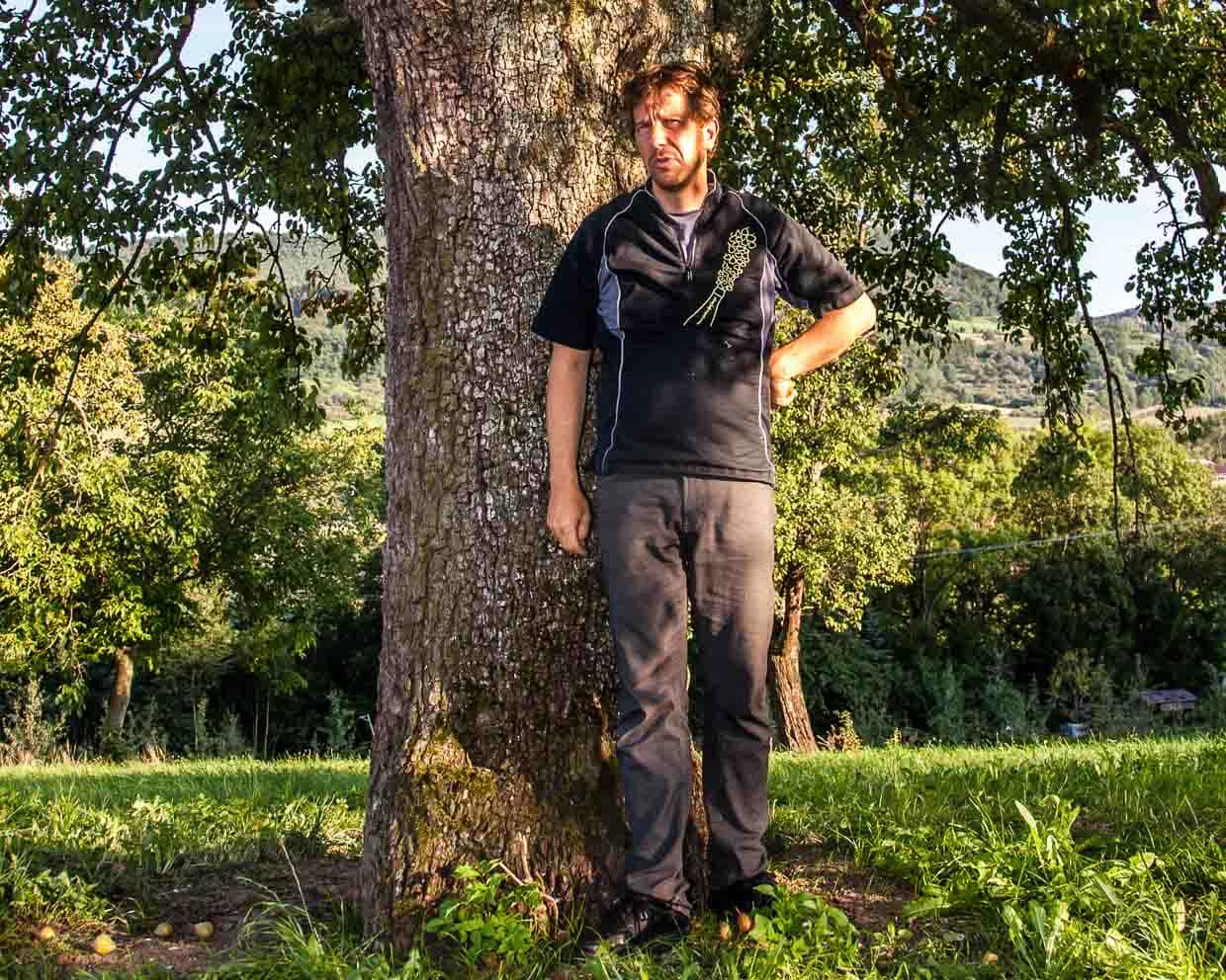 Jörg Geiger unter einem 200 Jahre alten Birnbaum. Seine Lieblingssorte ist das Stuttgarter Geißhirtle. Die kleinen Tafelbirnen sind für ihn eine wichtige Geschmackserinnerung aus der Kindheit / © Foto: Georg Berg