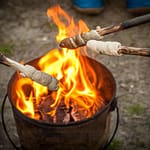 Stockbrot wird auf einem Campingplatz über einem Feuereimer gebacken / © Foto: Georg Berg