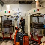 Vier mechanische Pressen sind bei Fabrice Godet gleichzeitig im Einsatz. Rund eine Stunde werden die Matten mit der aufgetragenen Olivenpaste (Grignon) gepresst / © Foto: Georg Berg