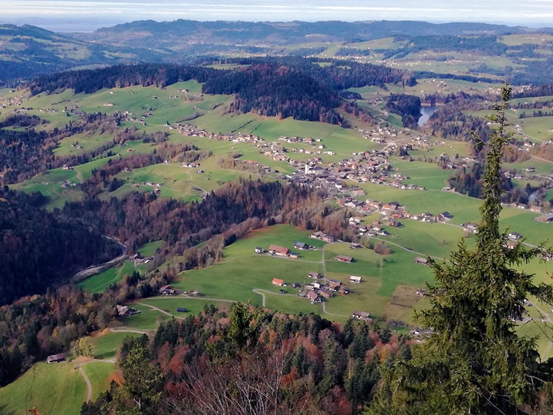 Blick vom Hausberg auf den Ort Hittisau. Wie heißt der Ort? Nur Mut – lassen Sie ruhig die Sau raus – denn so spricht man es wirklich: Hittisau. Der Hittiberg gibt dem Dorf, das in der gleichnamigen Au liegt den Namen / © Foto: Moritz Berg