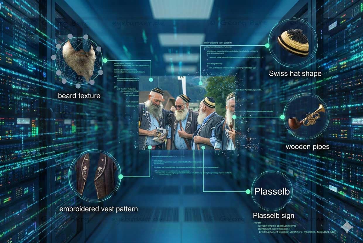 Original wird von der KI in seine Bestandteile zerlegt. Elemente aus dem Foto (Tracht, Bärte, Pfeifen, Ortsschild) sind nur noch abstrakte Konzepte, die in einem digitalen Netzwerk schweben [KI-generiert (gemini)]