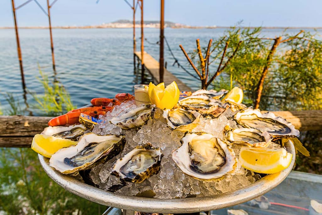 Austernplatte mit Meeresfrüchten im Strandpavillion Le St Pierre Tarbouriech. Hinter der Lagune liegt die Stadt Sète / © Foto: Georg Berg