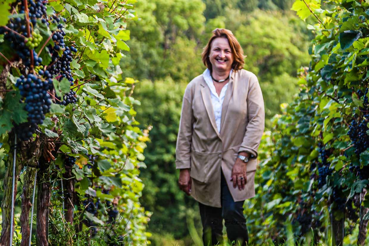 Glücklich im Weinberg. Andrea Wirsching vom Weingut Hans Wirsching mitten in Dornfelder-Reben. Die Philosophie des Hauses für die Arbeit im Weinberg lautet: so umweltschonend wie möglich bei Verzicht auf Insektizide und Herbizide / © Foto: Georg Berg