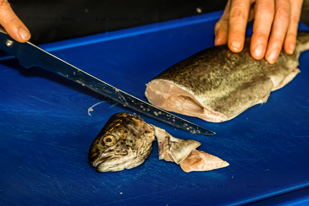 Gelernt bei Lászlo Papdi: Nach den Flossen wird der Kopf der Forelle abgetrennt / © Foto: Georg Berg