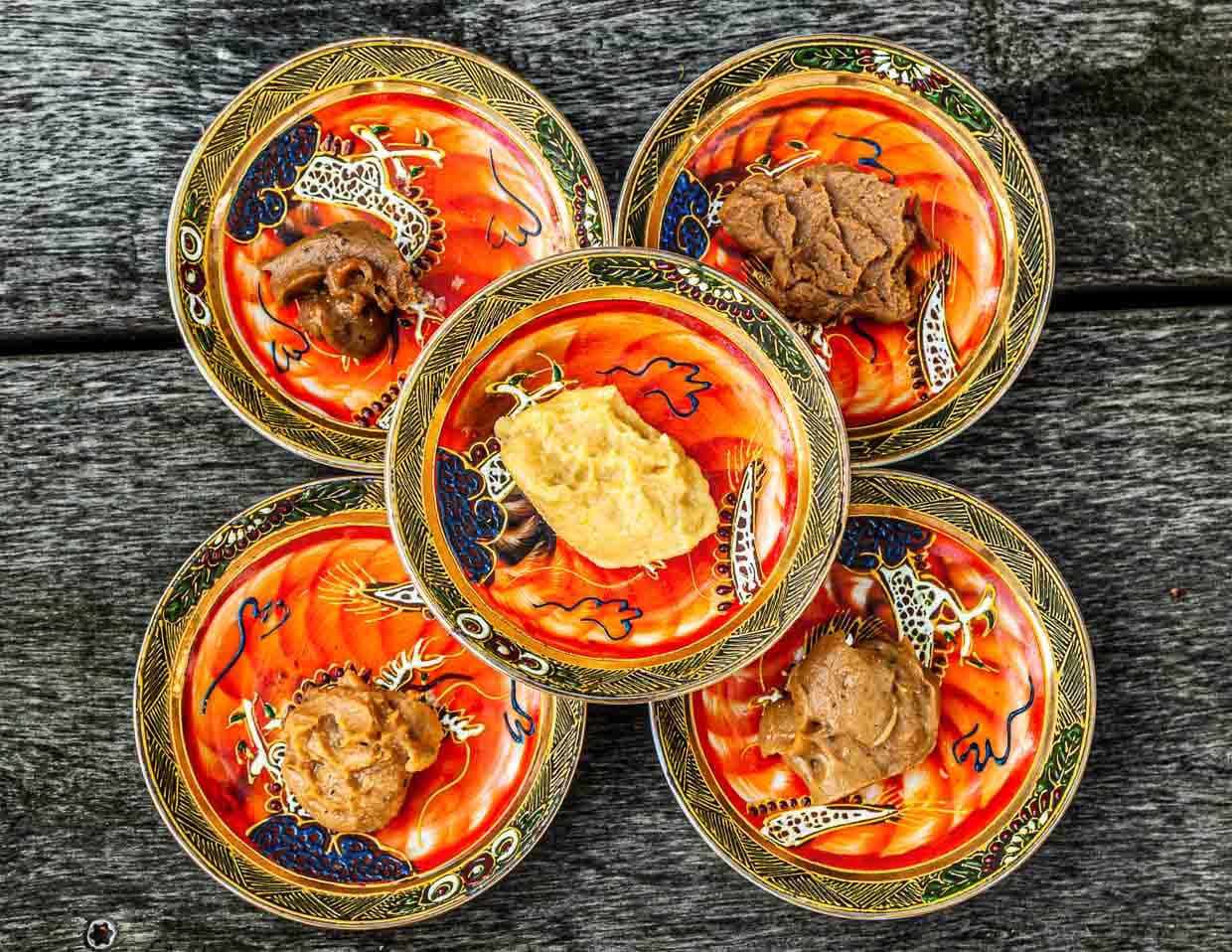 Die Vielfalt der Miso-Pasten entsteht durch die Variation der Zutaten, hier beispielsweise: Miso-Mare mit Algen oder helles Miso aus Weißlupinen / © Foto: Georg Berg