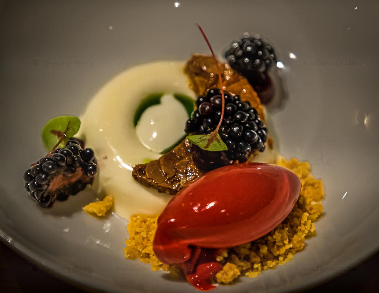 Dessert aus Ziegenmilchjoghurt mit Basilikumöl, Brombeereis und Gel aus Schwarzer Johannisbeere / © Foto: Georg Berg