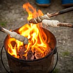 Stockbrot wird auf einem Campingplatz über einem Feuereimer gebacken / © Foto: Georg Berg