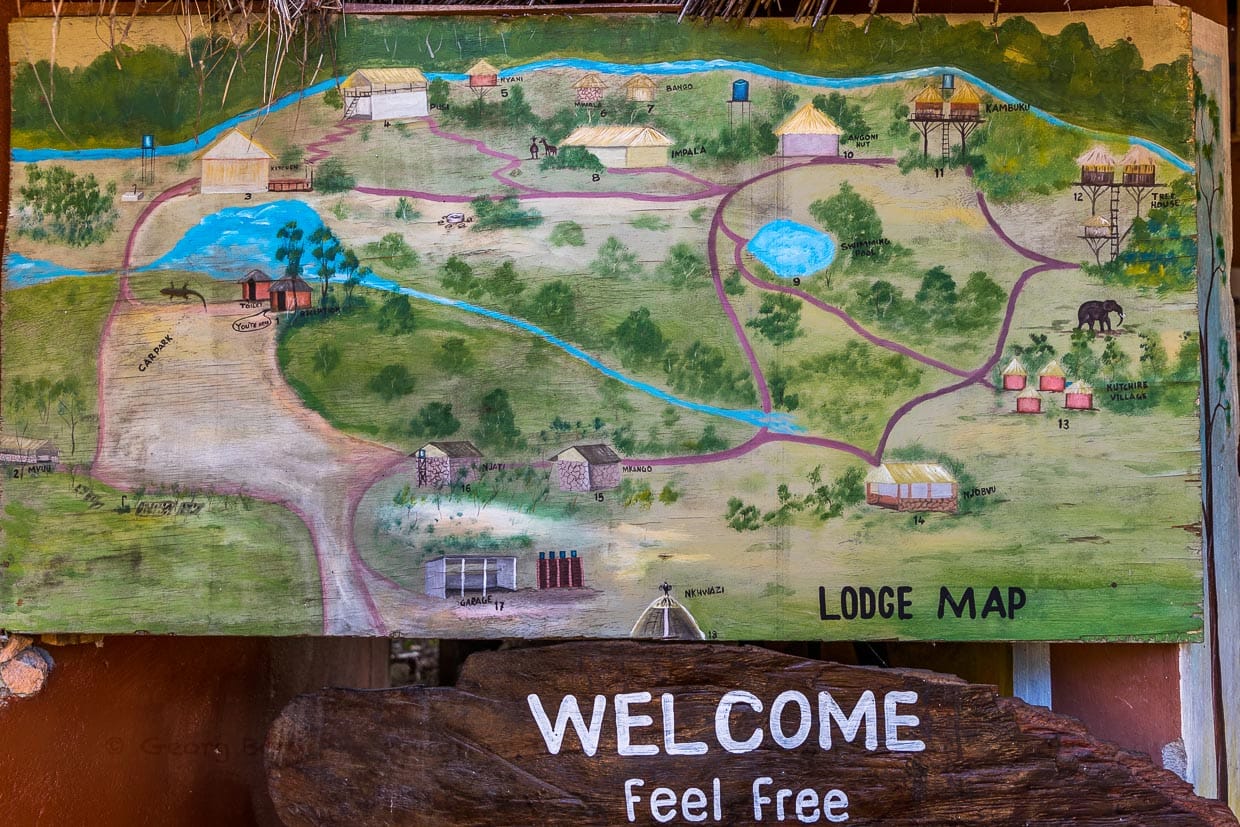 Gezeichneter Lageplan der Kutchire Lodge im Liwonde Nationalpark. Die Öko-Lodge wird mit Solarenergie betrieben und bietet verschieden Unterkunftarten. Darunter ein Campingplatz, Chalets und Baumhäuser / © Foto: Georg Berg