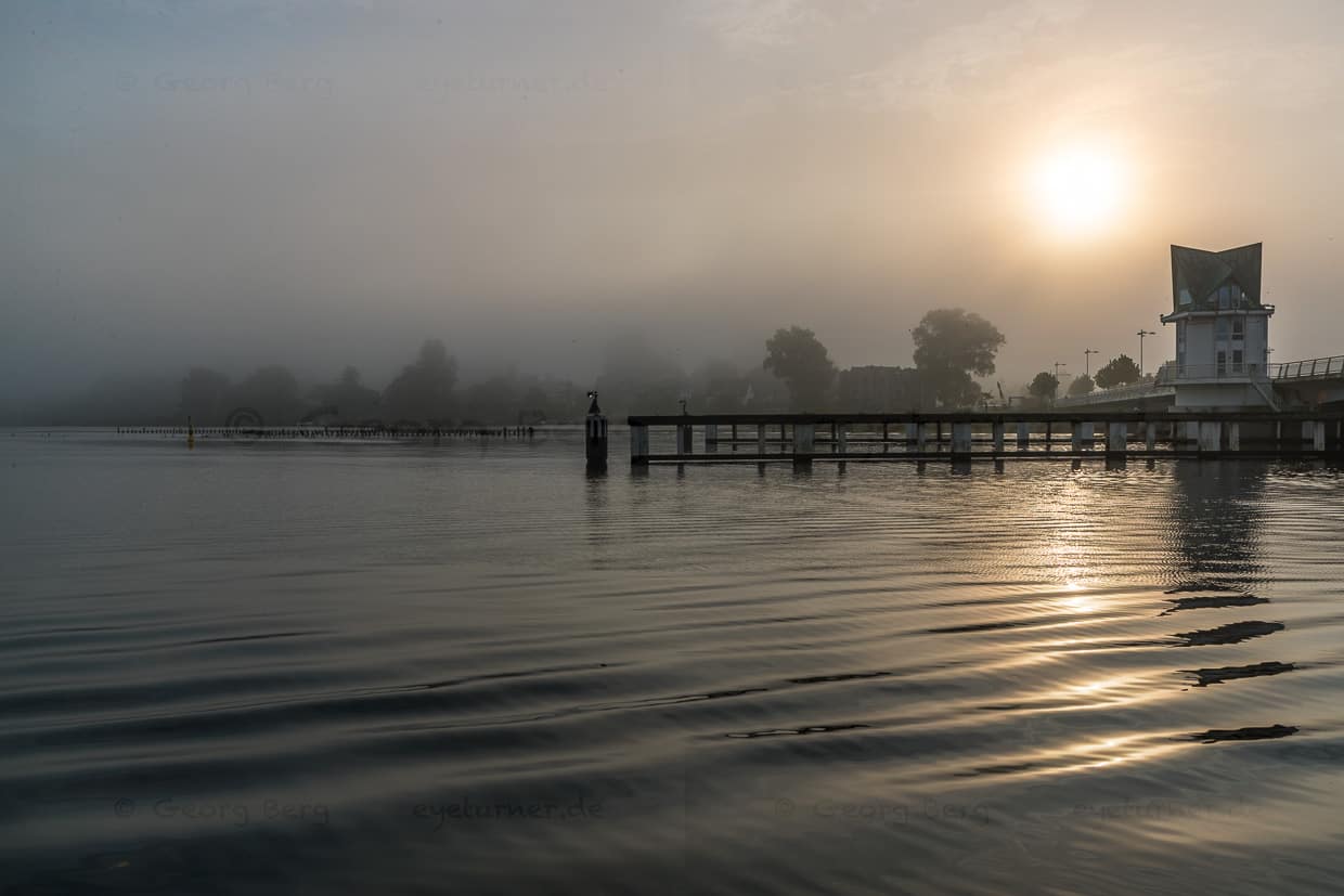 Morning sun with fog over the herring fence and the Schleibrücke bridge near Kappeln / © Foto: Georg Berg