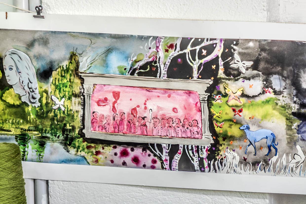 Ausschnitt des Wandteppichs "Hommage à George Sand" von Francoise Petrovitch In einer Art Theaterkulisse abgebildet ist der künstlerisch-literarische Zirkel, der sich regelmäßig bei George Sand versammelte. Dazu gehörten neben Frederic Chopin auch Franz Liszt, Honoré de Balsac, Gustave Flaubert und Eugene Delacroix / © Foto: Georg Berg