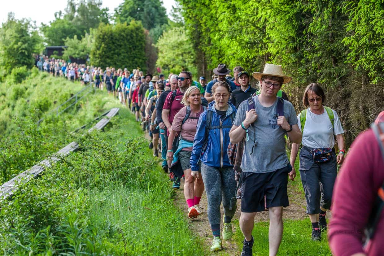 Eine Wandergruppe wandert auf einem grünen Pfad an der B 85 in Ludwigsstadt Germany