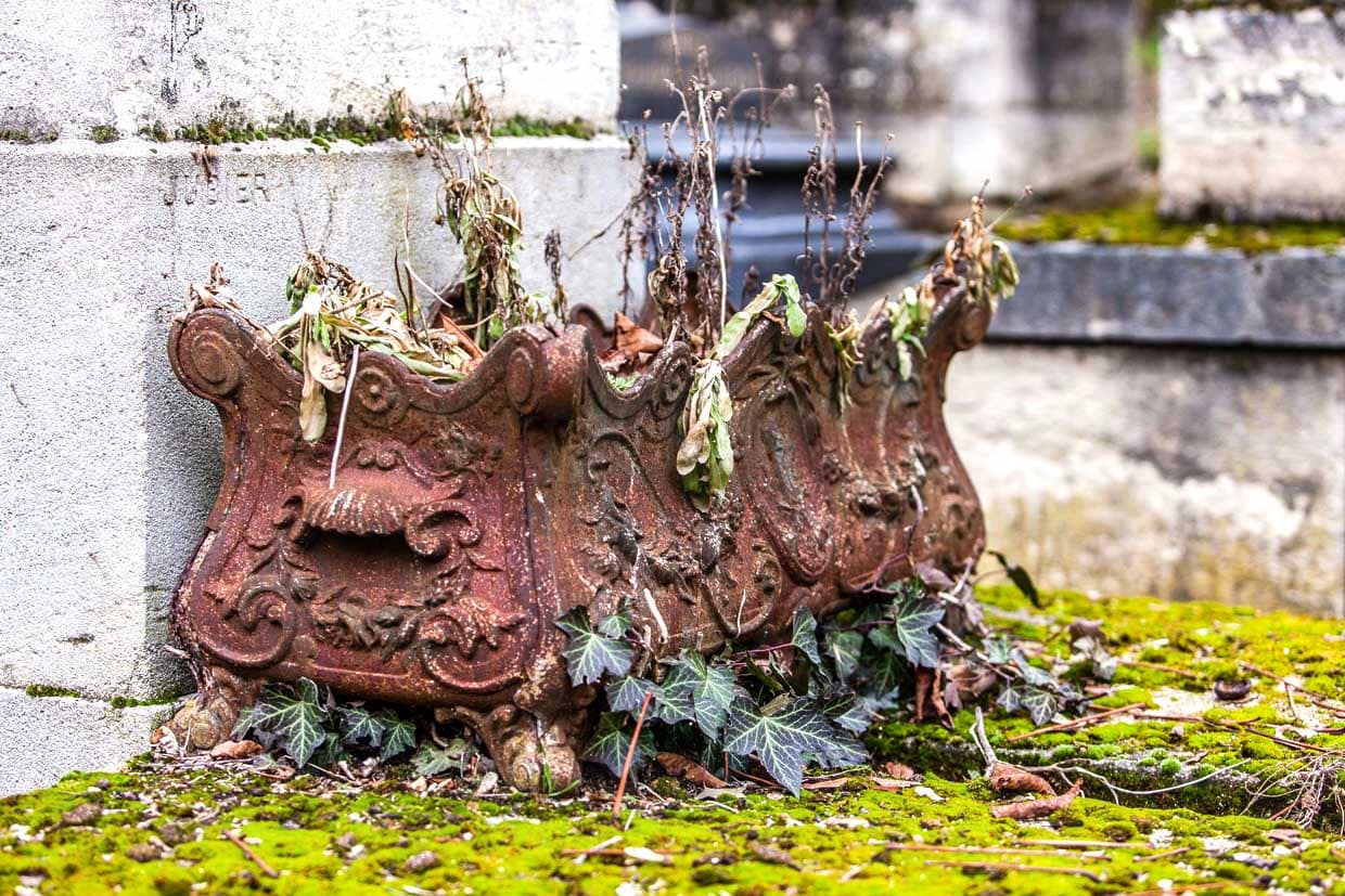 Ein verrosteter Blumenkasten mit trockenen Pflanzen steht auf einem moosbewachsenen Grabstein auf dem Friedhof Père-Lachaise in Paris / © Foto: Georg Berg