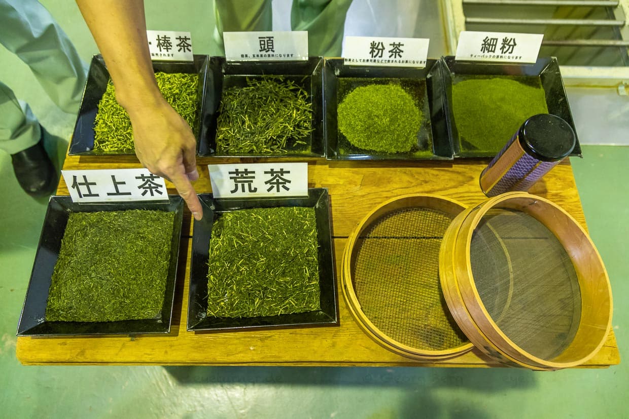 Unterschiedliche Tee-Qualitäten. Sencha ist gut an den nadelförmigen Blättern zu erkennen / © Foto: Georg Berg