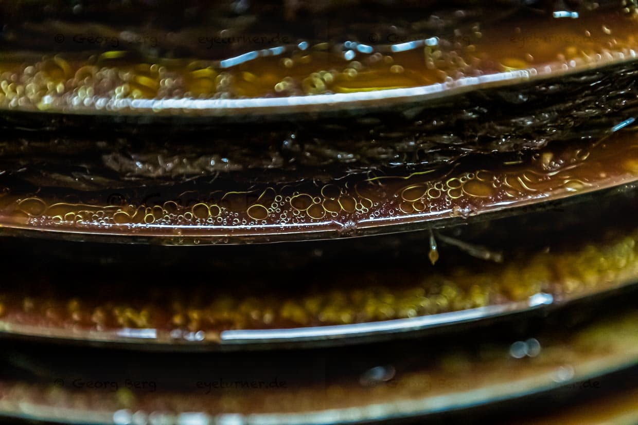 In den traditionellen Ölmühlen sind die Arbeitsschritte auf dem Weg zum Olivenöl noch einsehbar. Hier erkennt man Öl und Fruchtwasser, das aus der Presse herausläuft und aufgefangen wird,  Draguignan, Department Var, Provence, Frankreich / © Foto: Georg Berg