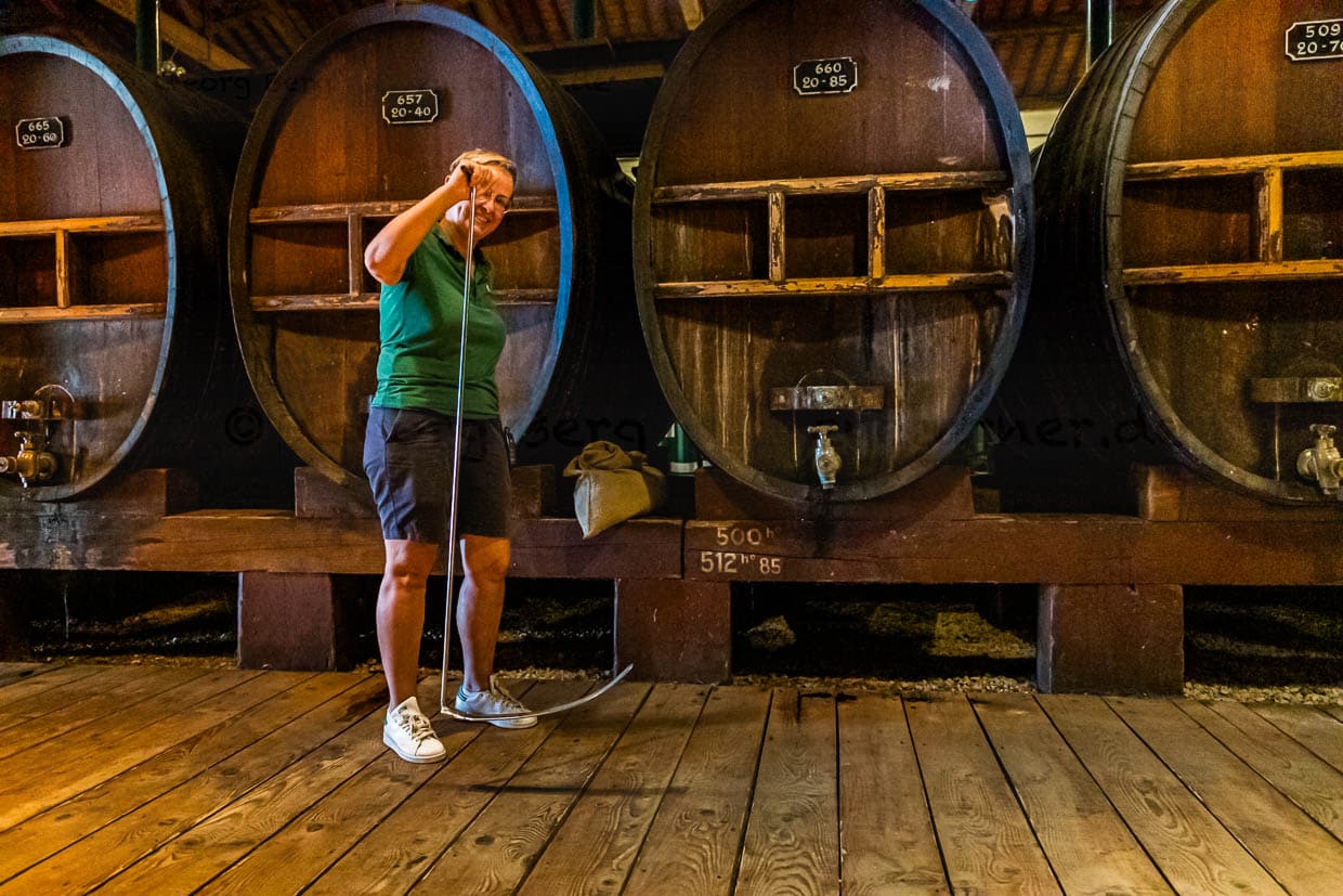 Marzerieren der Kräuter und Gewürze. Mitarbeiterin von Noilly Prat in Marseillan demonstriet den“Schneebesen“. Mit diesem Werkzeug werden die Kräuter und Gewürze, die in großen Teebeuteln von oben in die Fässer gegeben werden, per Hand umgerührt. Ein MItarbeiter läuft dazu oben über die Fässer. Drei Wochen lang wird per Hand gerührt. Nach 8 Wochen werden die Kräuter abgepresst / © Foto: Georg Berg