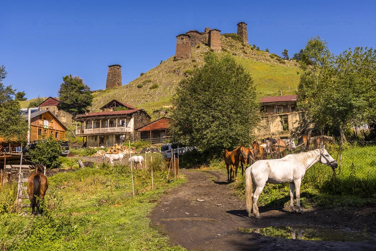 Omalo ist das tuschetische Verwaltungszentrum. Oberhalb der Ortschaft die restaurierten Ruinen des Wehrdorfes Keselo / © Foto: Georg Berg