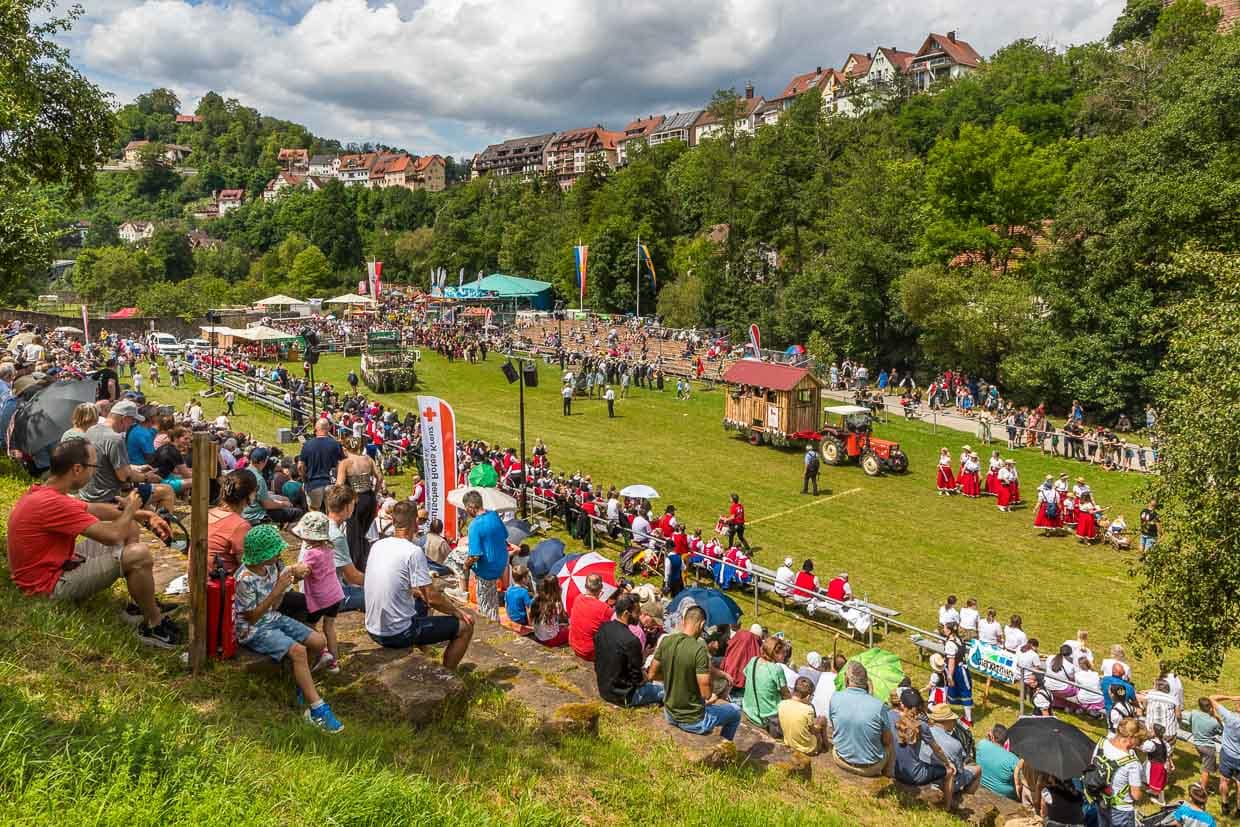 Blick auf den Schäferlaufplatz unterhalb des Ortes Wildberg. Einzug der Festwagen und Trachtengruppen sowie Schäfergruppen und Publikum auf der Tribüne / © Foto: Georg Berg