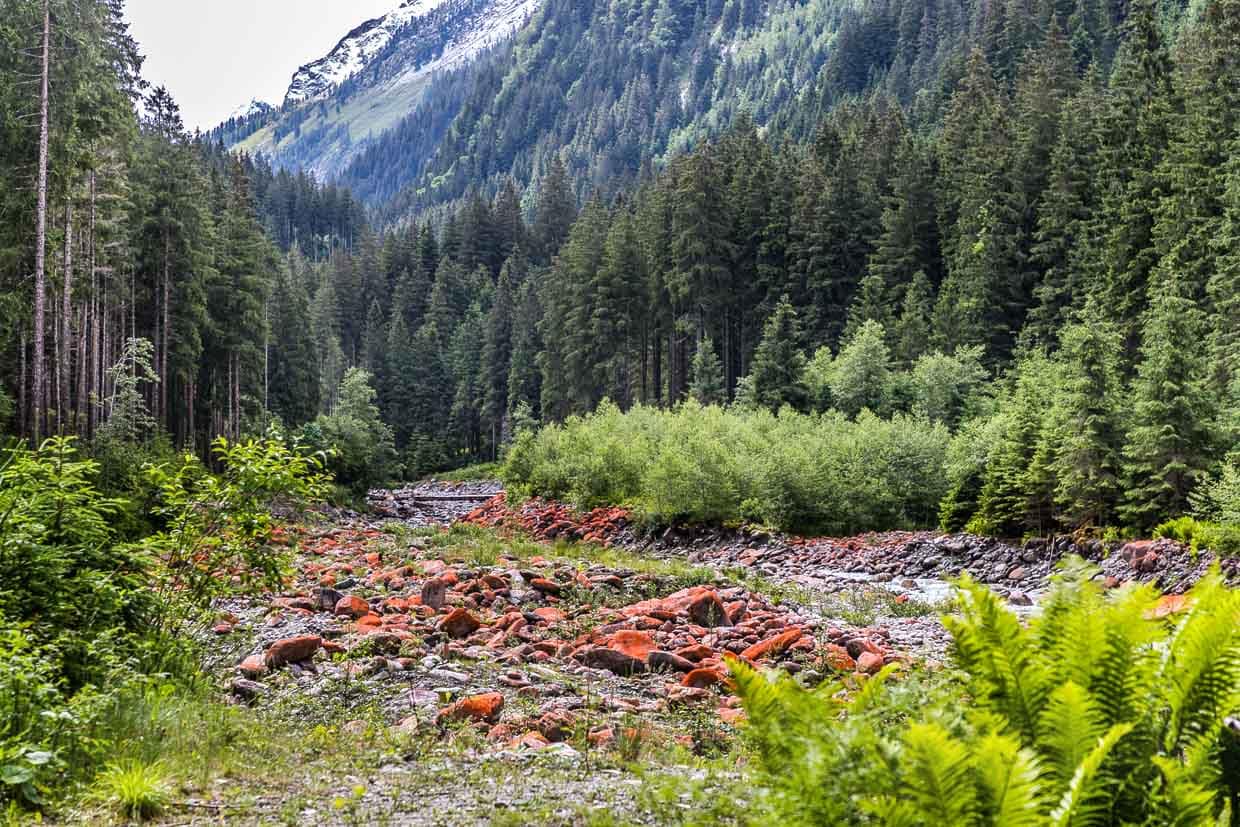 Das Tal zeigt ein Flussbett mit orangefarbenen Felsen und dichte Wälder am Wasserfallrundweg Untersulzbach, Rosental, Austria