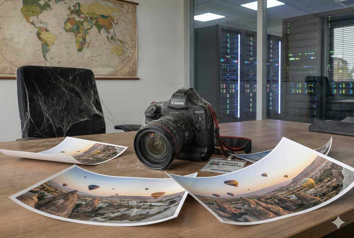 Verwaister Arbeitsplatz eines Fotografen, dessen Job die KI übernommen hat [KI-generiert (gemini)]