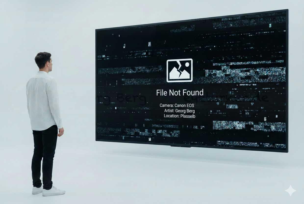 Am Ende ist das Bild verschwunden. Nur noch die Information über das visuelle Original bleibterhalten. Völlig egal ist die schöpferische Leistung des Fotografen [KI-generiert (gemini)]