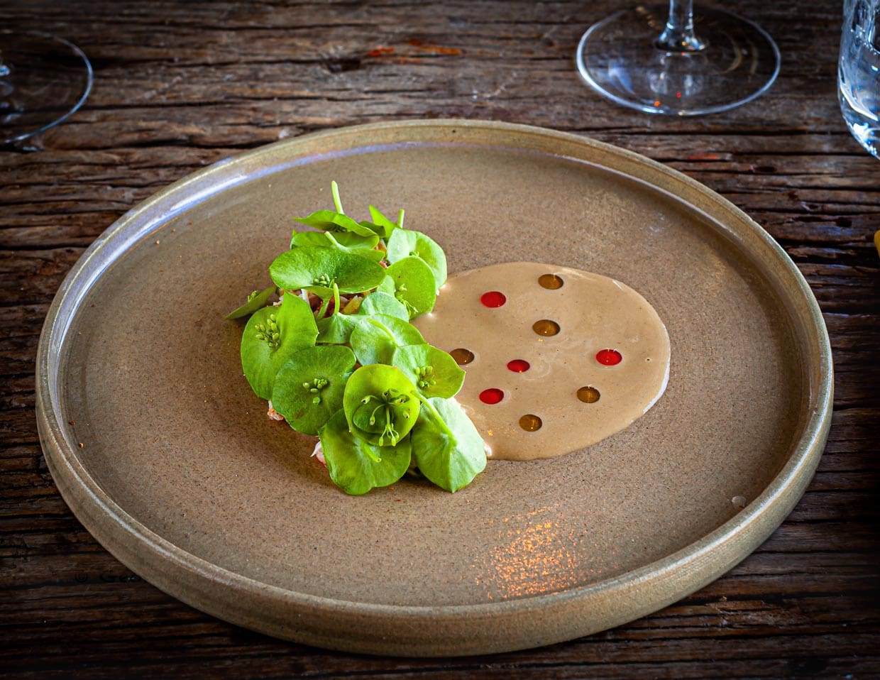 Unter dem grünen Deckmäntelchen verbirgt sich Krabbenfleisch aus dem Kopf der Spinnenkrabbe. Die Soße ist verfeinert mit Mandel- und Pistazienöl / © Foto: Georg Berg