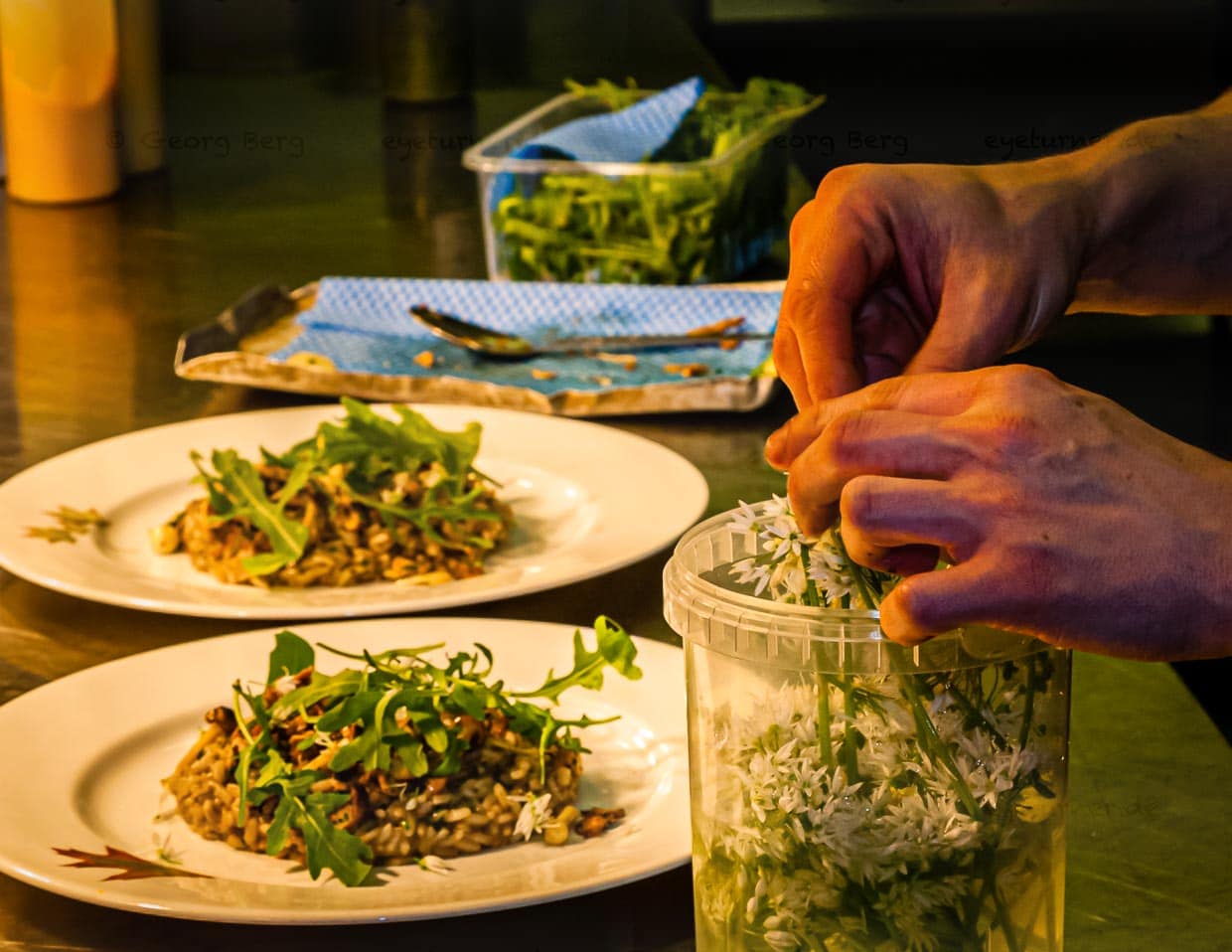 Frisch aus dem Garten: das üppige Blütenmeer des Bärlauch wird als frische Würzkomponente auf dem Pilzrisotto serviert / © Foto: Georg Berg