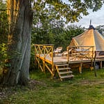 Glamping im Garten der Villa Skovly in Hesselager, Dänemark. Das geräumige Zelt mit Doppelbett steht auf einer Holzterasse im Obstgarten der Villa / © Foto: Georg Berg
