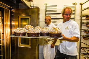 Wie schneebedeckte Kuppeln kommen die Panettone Maron aus dem Ofen. Der Schneezucker bleibt lange crunchig und bildet zum luftigen und mundfüllenden Inneren einen tollen Kontrast / © Foto: Georg Berg