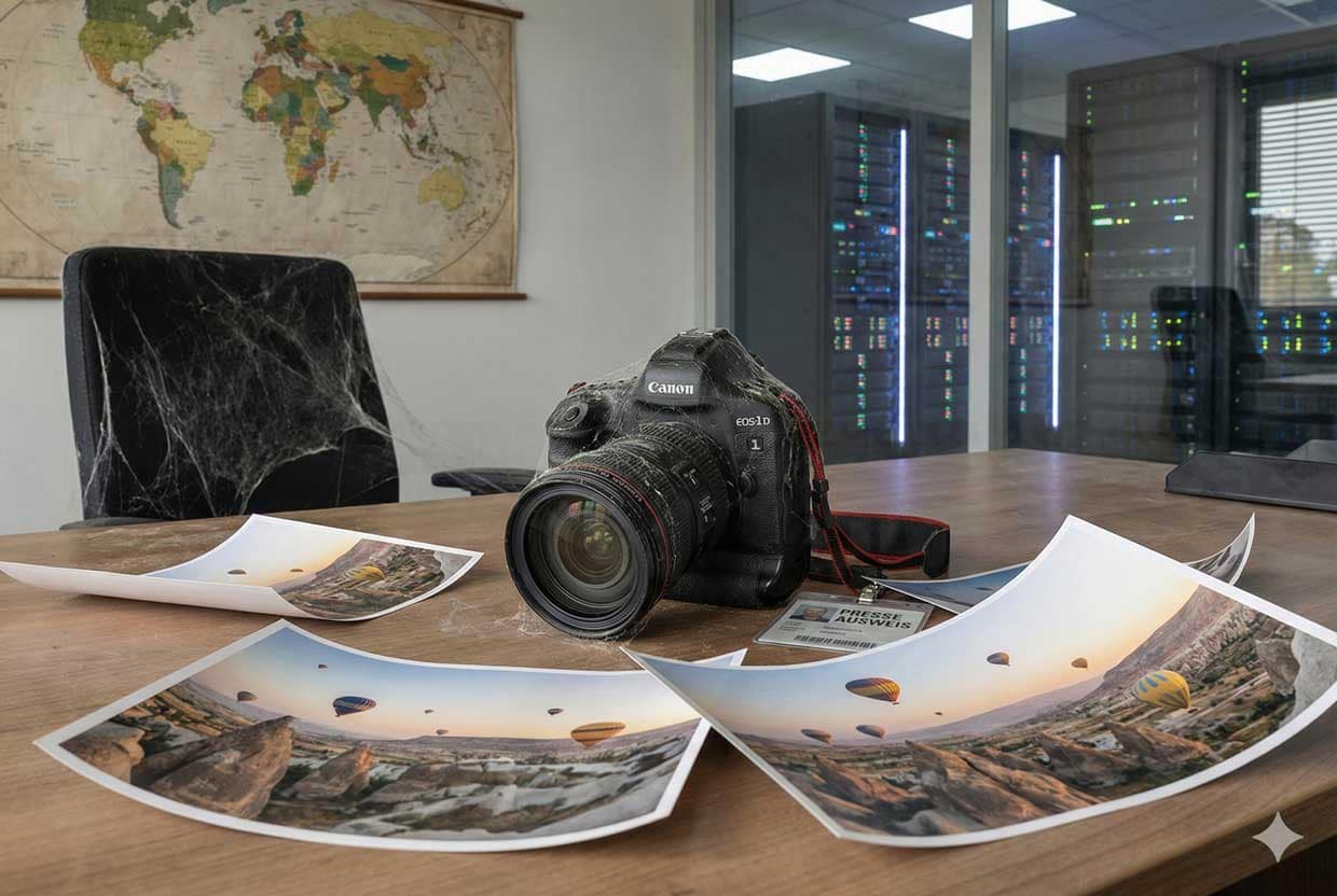 Verwaister Arbeitsplatz eines Fotografen, dessen Job die KI übernommen hat [KI-generiert (gemini)]