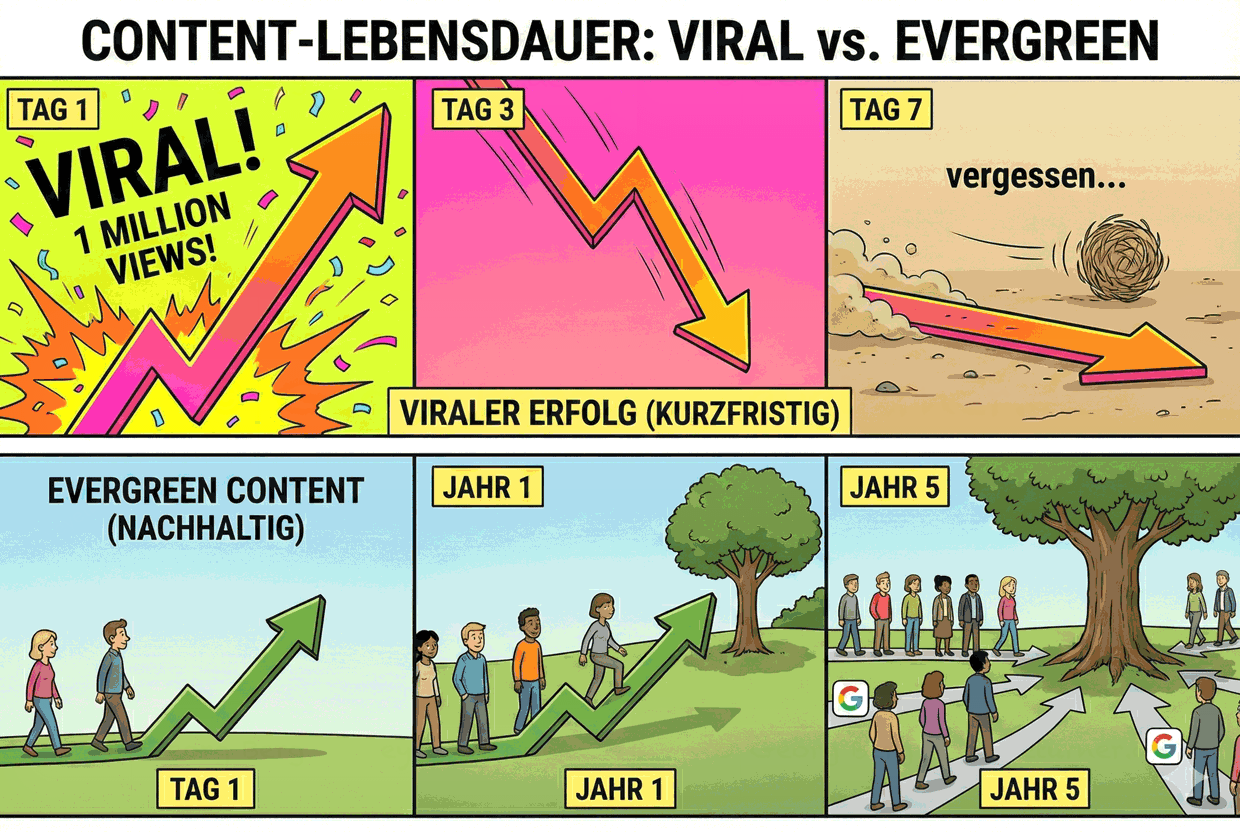 Content-Lebensdauer: Viral vs. Evergreen [KI-generiert (gemini)]