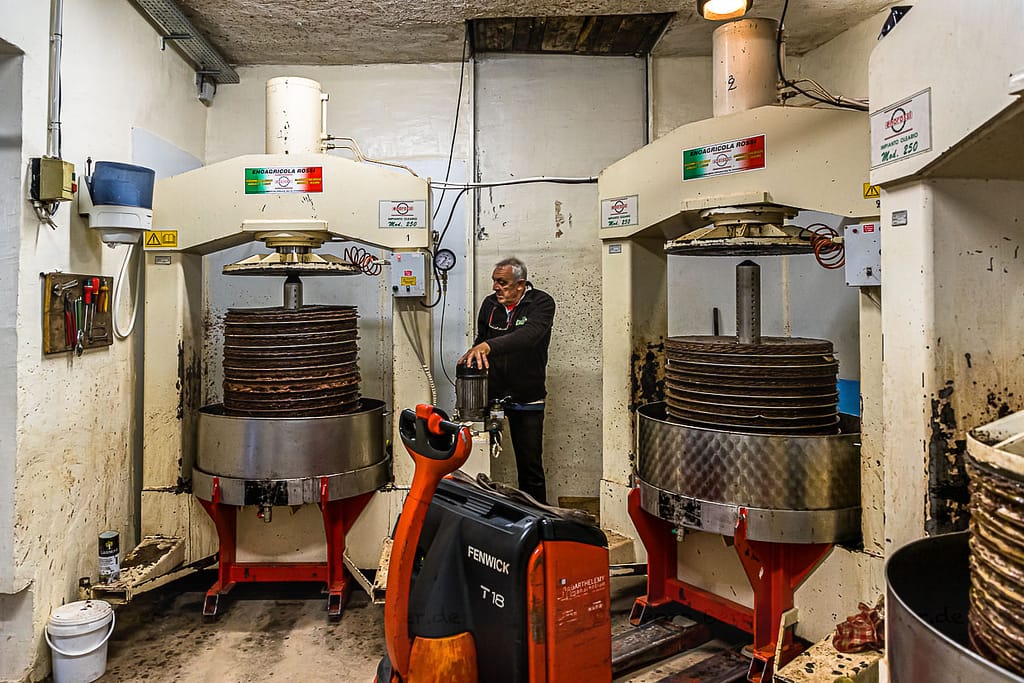Vier mechanische Pressen sind bei Fabrice Godet gleichzeitig im Einsatz. Rund eine Stunde werden die Matten mit der aufgetragenen Olivenpaste (Grignon) gepresst / © Foto: Georg Berg