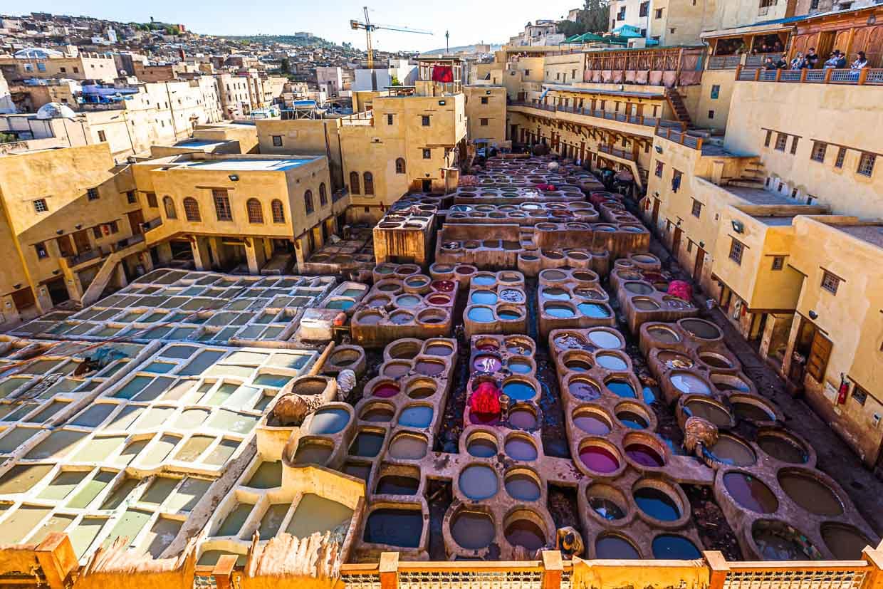 Im ersten Arbeitsschritt weichen die Tierfelle in einem der wabenartig angeordneten Becken zunächst fünf Tage in einer Salzlösung auf / © Foto: Georg Berg