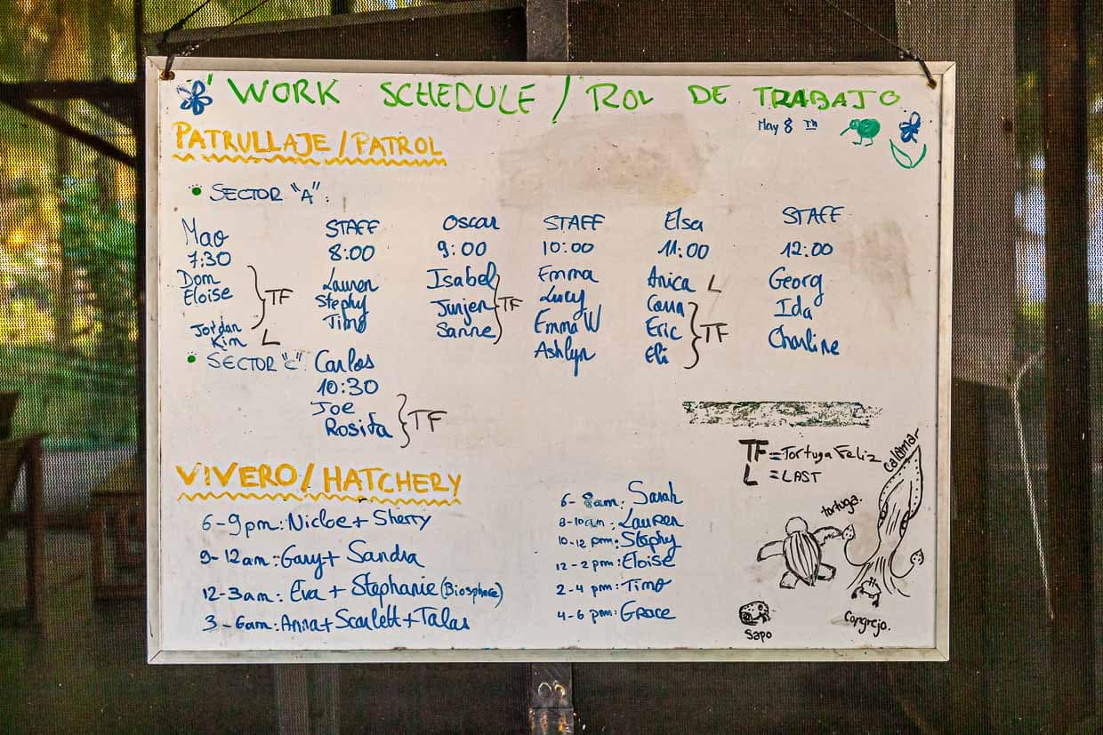 Der Arbeitsplan für den zweiten Tag. Es gibt die anstrengenden Dienste am Strand, bei denen man Schildkröten sehen kann oder die Bewachung der Hatchery. Zu diesem Dienst gehört auch, mit blossen Händen ein Loch für am Strand eingesammelte Gelege zu graben, das dem natürlichen Nest der Schildkröte so gut wie möglich gleicht. Zu den Freiwilligen, die in dem gemeinsamen Dienstplan eingeteilt sind, gehören nicht nur die Teilnehmer an der Expedition, sondern auch junge Leute, die nach der Schule über ein Work-and-Travel System Arbeit in einer nahegelegenen Unterkunft gefunden haben / © Foto: Georg Berg