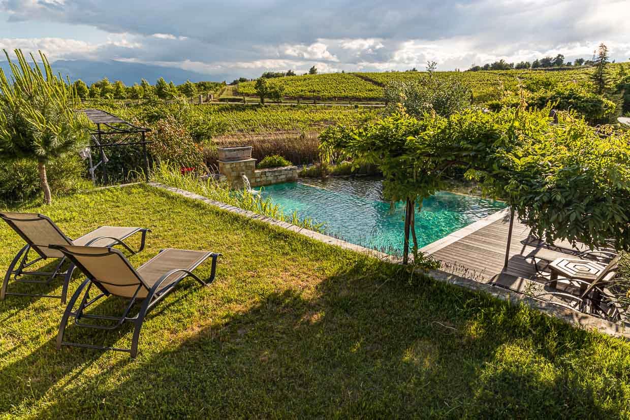 Auf dem Gelände zwischen den sechs Villen, die zum Zornitza Family Estate gehört, wird ein Pool aus der natürlichen Thermalquelle gespeist / © Foto: Georg Berg