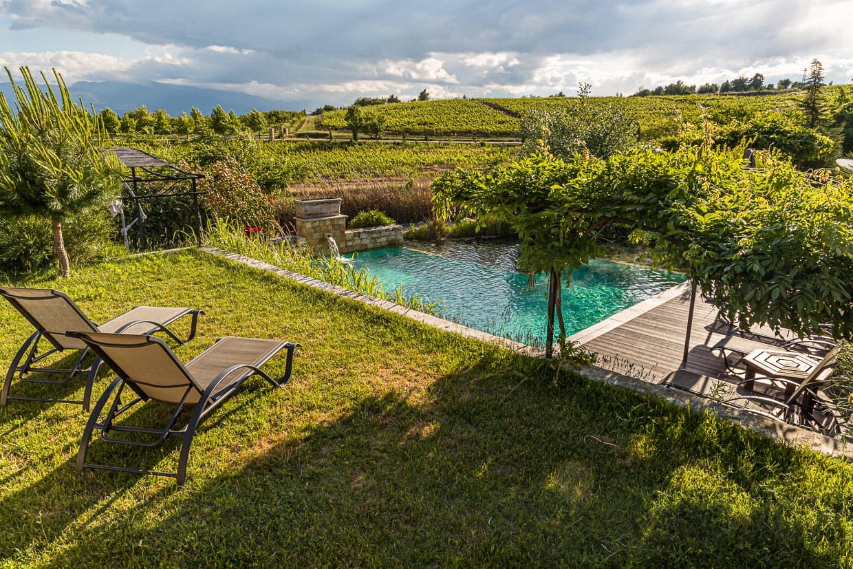 Auf dem Gelände zwischen den sechs Villen, die zum Zornitza Family Estate gehört, wird ein Pool aus der natürlichen Thermalquelle gespeist / © Foto: Georg Berg