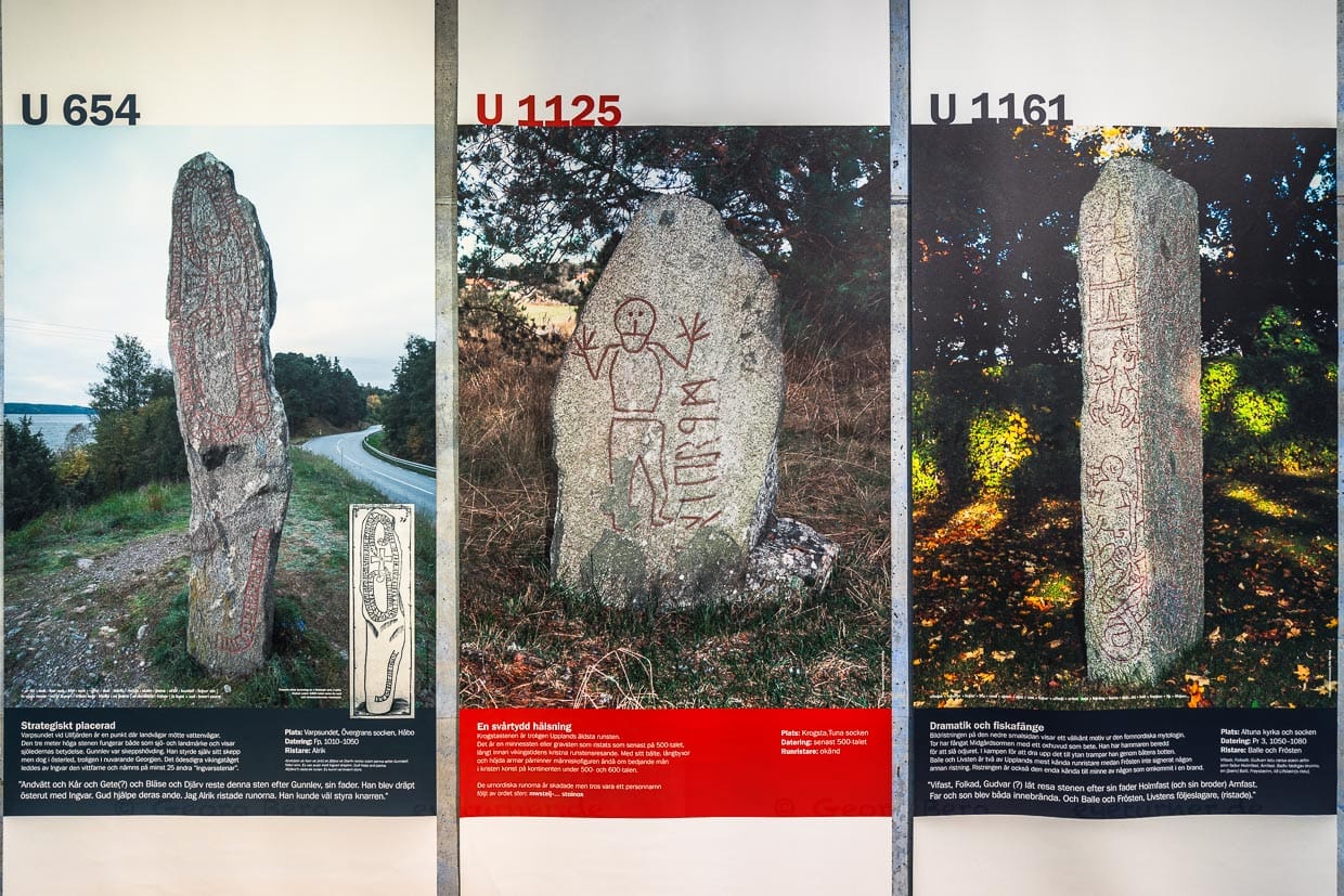 Schautafel mit drei Beispielen für Runensteine im Gamla Uppsala Museum / © Foto: Georg Berg