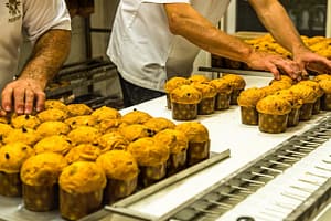 Die kleinen voran! Mini-Panettone verlassen als erstes den Backofen und werden zum Abkühlen auf ein Gestell gespießt / © Foto: Georg Berg