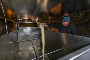 Hausbrauer Wolfgang Üblacker füllt zuerst flüssige Hefe in den Tank, damit sie sich gut mit der Bier-Würze mischt / © Foto: Georg Berg